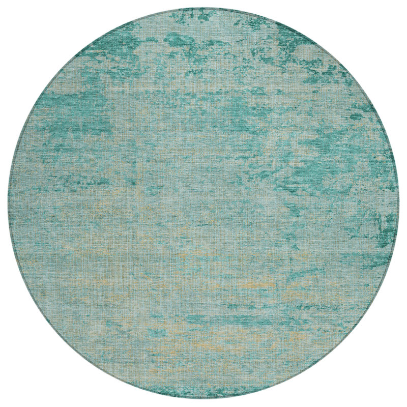 Machine Washable Indoor/Outdoor Xhevrie Teal Rug, Round 8'