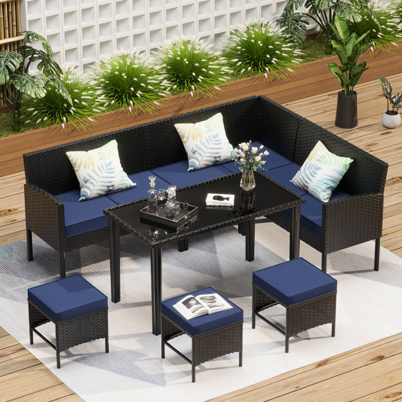 Mobilier de 7 pièces pour terrasse ou jardin, tissu imperméable et peau, chaises à haut dossier, petits espaces de patio, bleu foncé, coussins en filet respirant, acier