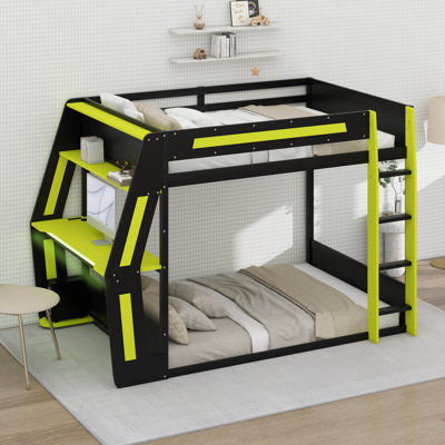 Gaming Bunk Bed With Desk And LED Light, Full Size Wooden Loft Bed Frame