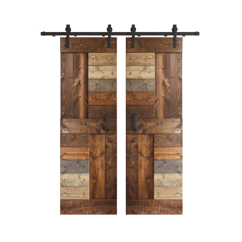Porte de grange double à panneaux en bois S Series avec trousse de quincaillerie d'installation, 60 po x 84 po, Multicolore