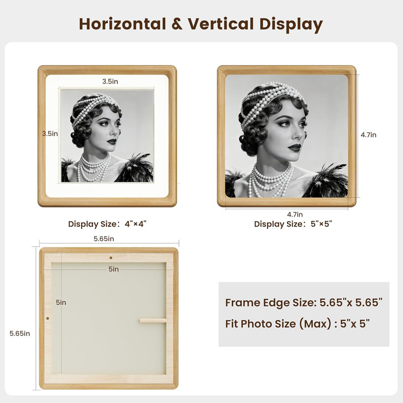 2-Pack 5x5 Solid White Oak Photo Frames - Convertible Mat Display with Tempered Glass