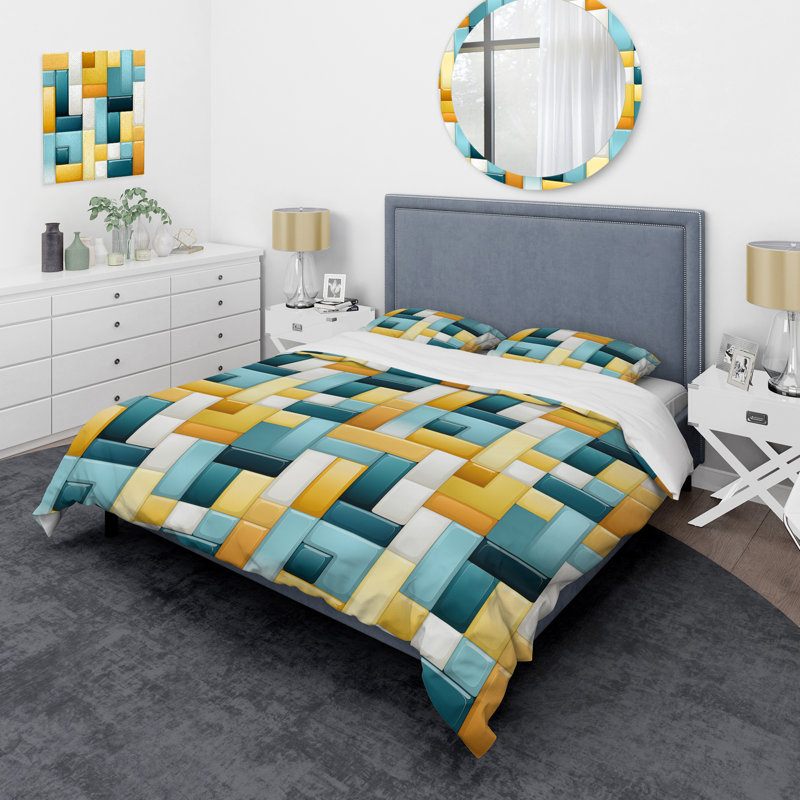 Ensemble de housse de couette jaune et bleu à blocs géométriques Harmony I, Housse de couette pour très grand lit et 2 très
