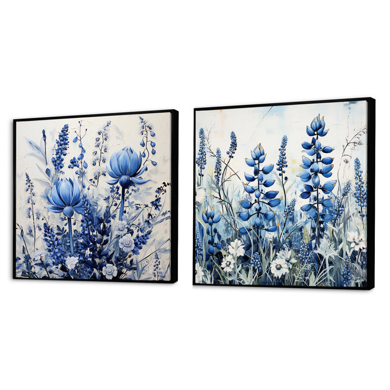 Blue Bonnets - collage floral - ensemble de 2 collages floraux carrés, Cadre flottant noir, H 16 po x l 33 po