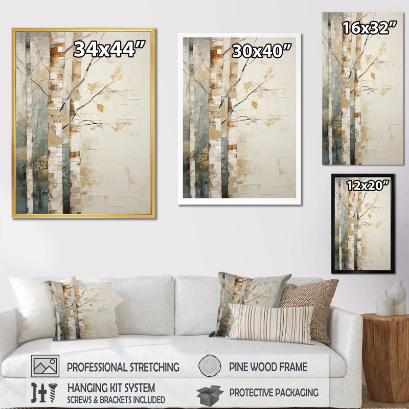Arbre de minimalisme bouleau III sur toile, Cadre flottant doré, H 44 po x l 34 po x P 1,5 po