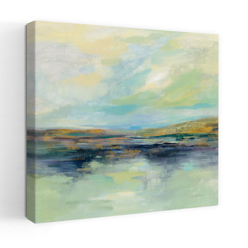 Champ contemporain doré au bord de la rivière avec art abstrait bleu, H 24 po x l 24 po