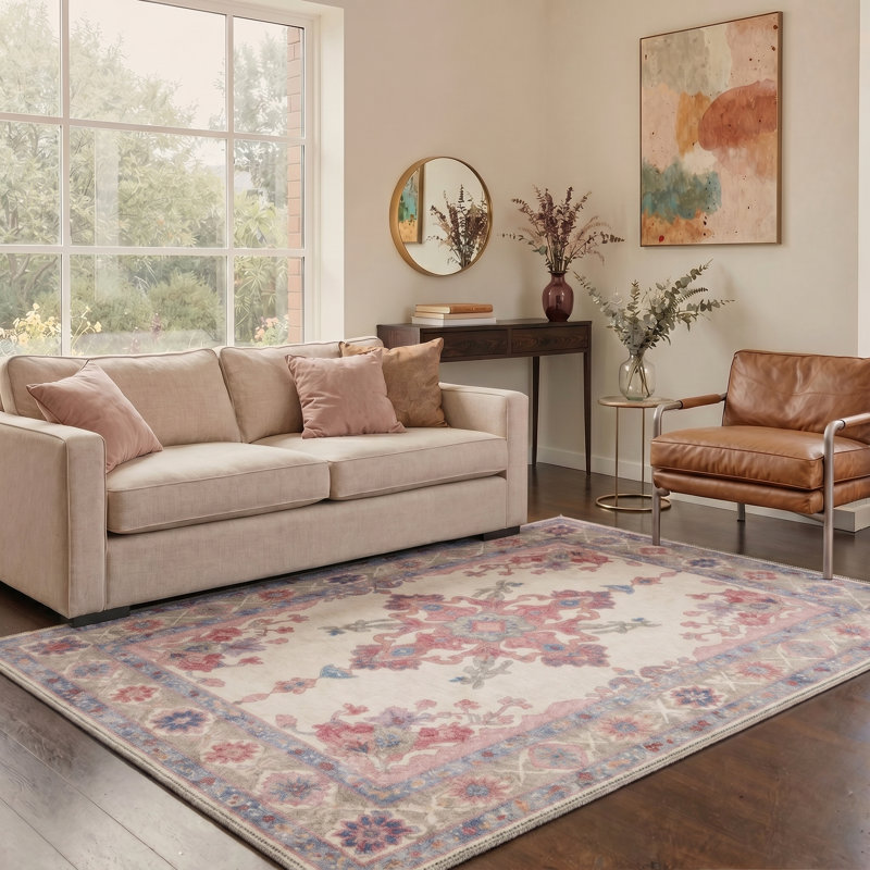 Tapis d'intérieur bleu / rose / beige à motif floral lavable à la machine Bloomfield, Rectangle 5' x 7'