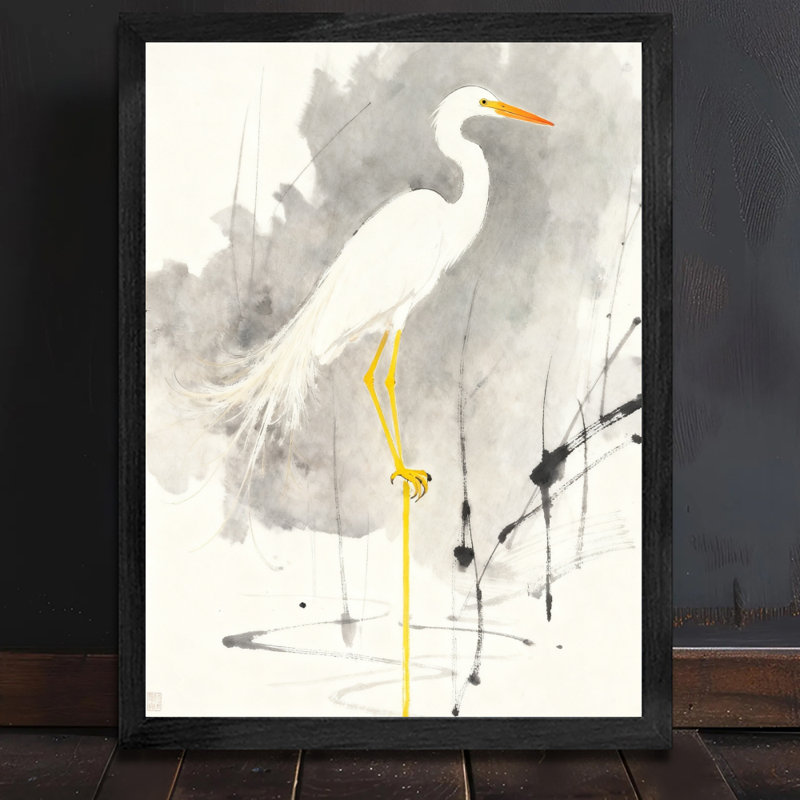 Aigrette blanche rétro encadrée noire - élégance et beauté naturelle, impressions murales de style rétro, H 25 po x l 17 po