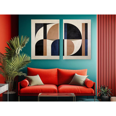 Reproduction d'art abstrait abstrait géométrique sur toile, ensemble de reproduction sur toile moderne de style Mid-Century bleu marine en terre cuite, grand salon minimaliste, reproduction de peinture