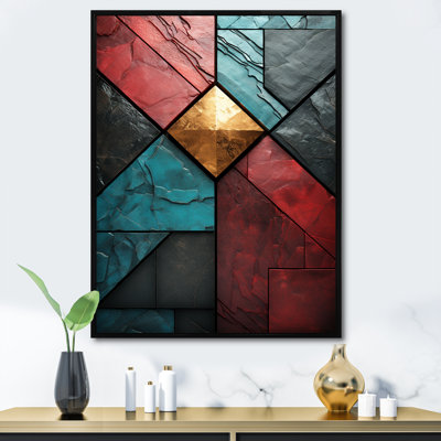 Carreaux à chevrons bleus et rouges Elegance III - art mural abstrait
