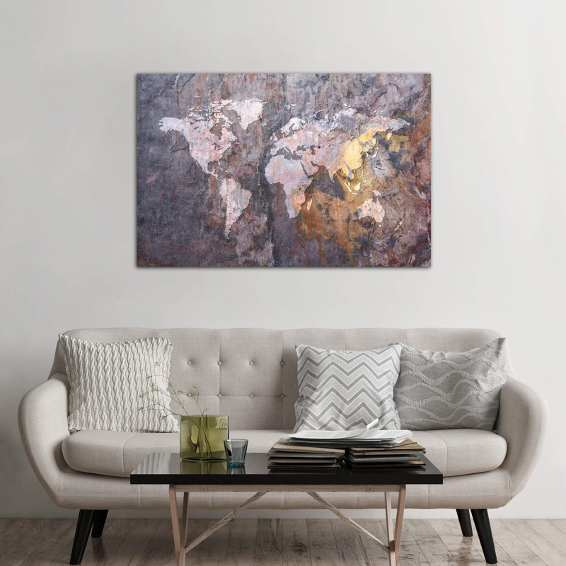 World Map On Stone Background by Michael Tompsett - Painting on Canvas, 101.6 cm H x 66.04 cm W x 1.91 cm D, No Frame