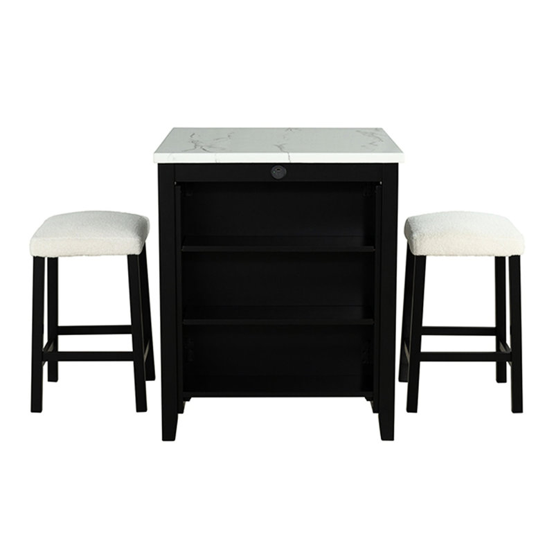 Ensemble de salle à manger 3 pièces avec table rectangulaire, tabourets en tissu et 2 tabourets blancs noirs, table ultrabrillante noir / blanc /