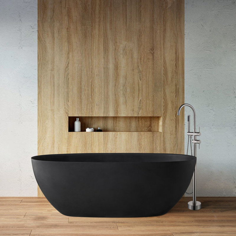 Baignoire de trempage autoportante en pierre artificielle pour salle de bain avec orifice de trop-plein, Noir