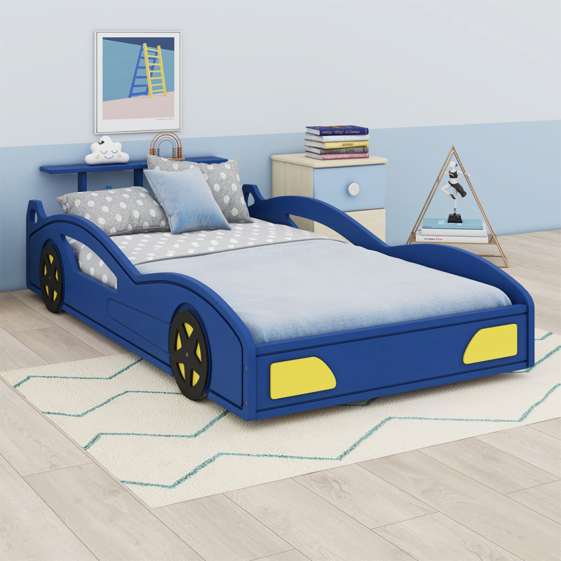 Wooden Race Car Bed,Car-Shaped Platform Bed with Wheels For Teens, Blue