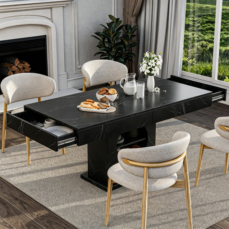 Table de salle à manger pour 6 personnes, table de cuisine de style campagnard en bois de 140 cm avec étagère de rangement à 2 niveaux et 2 tiroirs, table de salle à manger rectangulaire moderne pour petit espace, en marbre noir