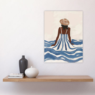 Woman in Blue Stripy Summer Holiday Dress Wall Art Print