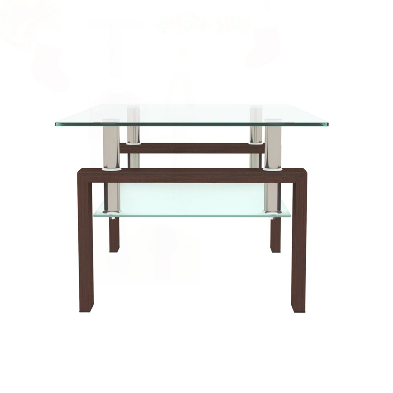 2-Layer Rectangular Glass Coffee Table with Iron Frame, Transparent / Walnut