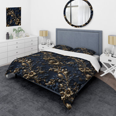Cobalt Blue Gilded Frames Victorian Pattern Floral Duvet Cover