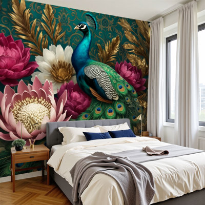 Chinoiserie Peel and Stick Wallpaper Peacock Vibrant Feathers Surrounded by Pink White Flowers Dark Green Wall Murals 100"H x 144"W Removable PVC Wall Paper Self-Adhesive Oriental Wall Decor for Bedroom Living Room
