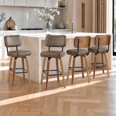 Ensemble de 4 tabourets de bar pivotants à hauteur de comptoir avec dossier - sièges rembourrés en similicuir de 26 po - pieds en bois cintré - chaises de îlot de cuisine confortables - brun