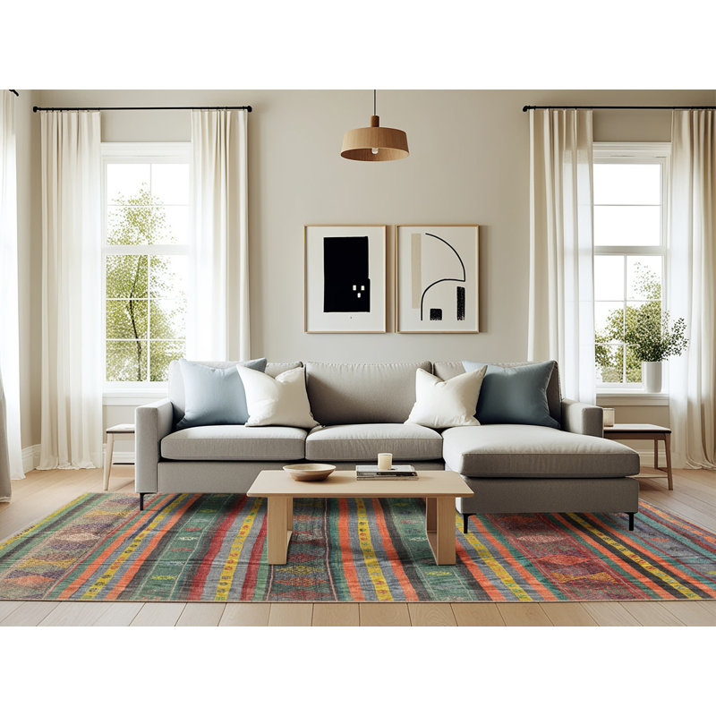 Tapis de zone verte/orange contemporaine, Rectangle 6 pi x 9 pi