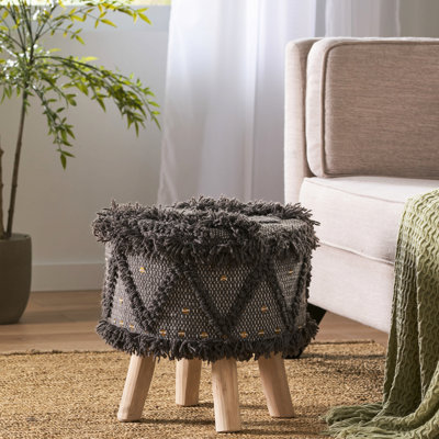Tabouret brun foncé - 16 x 16 po avec laine et coton et bois d'eucalyptus P 15,83 po x l