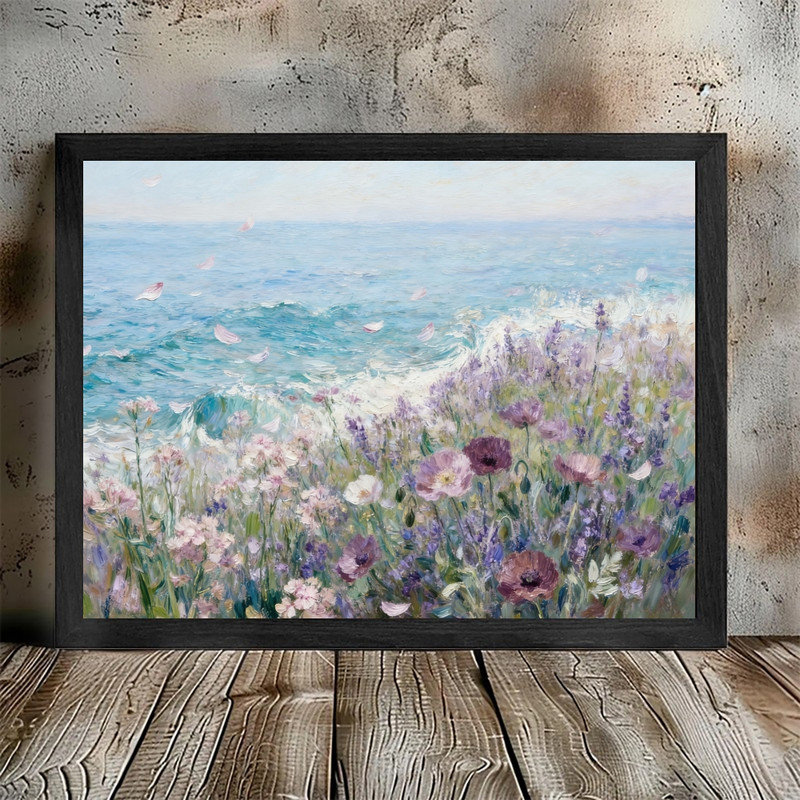 Black Framed Impressionist Wildflower Field Wall Art - Vibrant Floral Landscape Decor Framed Prints, 11" H x 9" W
