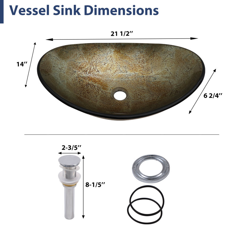 Glass Bathroom Sink 21.5"L x 14"W Oval Bathroom Sink Tempered Glass Bathroom Vessel Sink with Pop-up Drain, Antique Brass