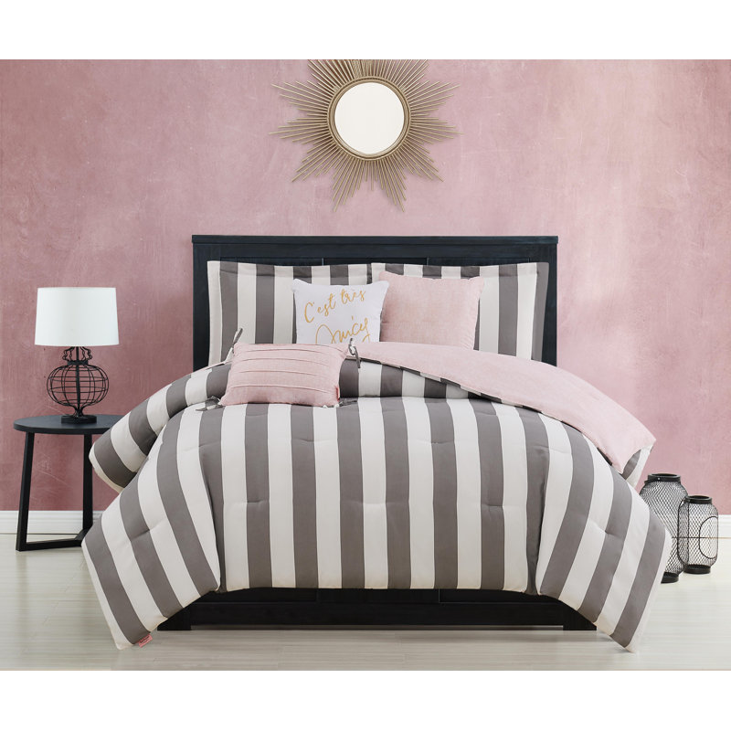 Juicy Couture Cabana Stripe Comforter Sets, King Comforter + 2 Shams + 3 Throw Pillows, White/Regal Blue