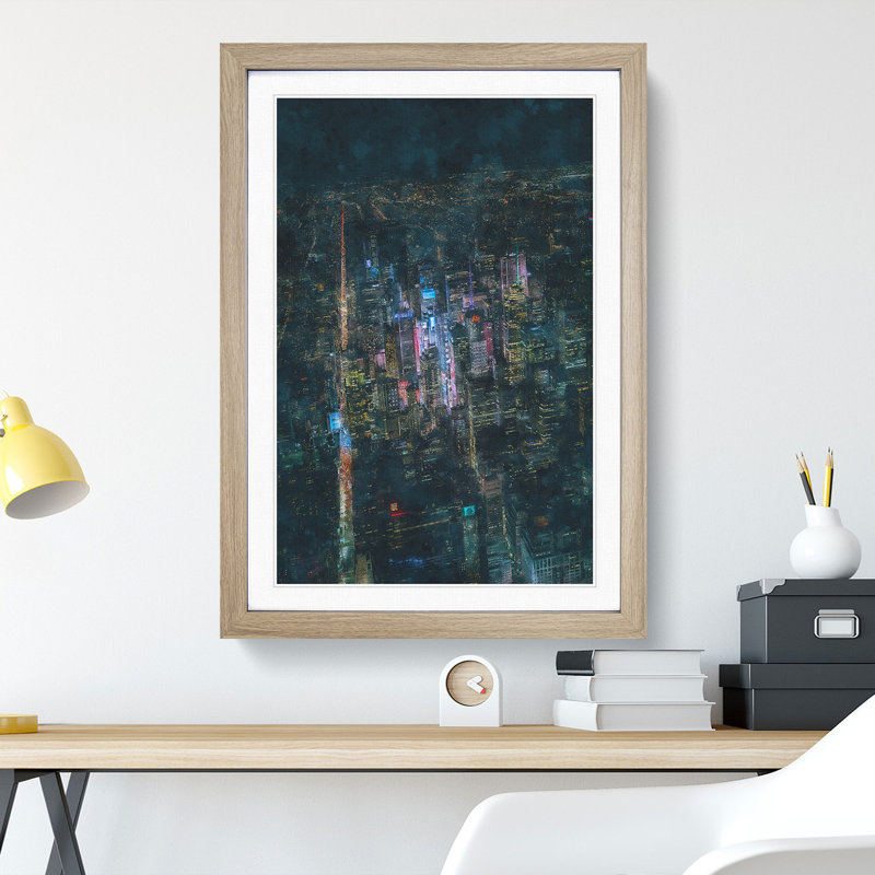 New York City At Night - Single Picture Frame Print on MDF, 87cm H x 62cm W x 2cm D, Oak Framed