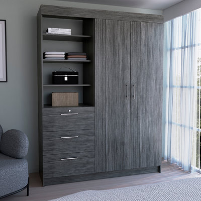Armoire à 3 niveaux avec tablettes et tiroirs avec poignées en métal