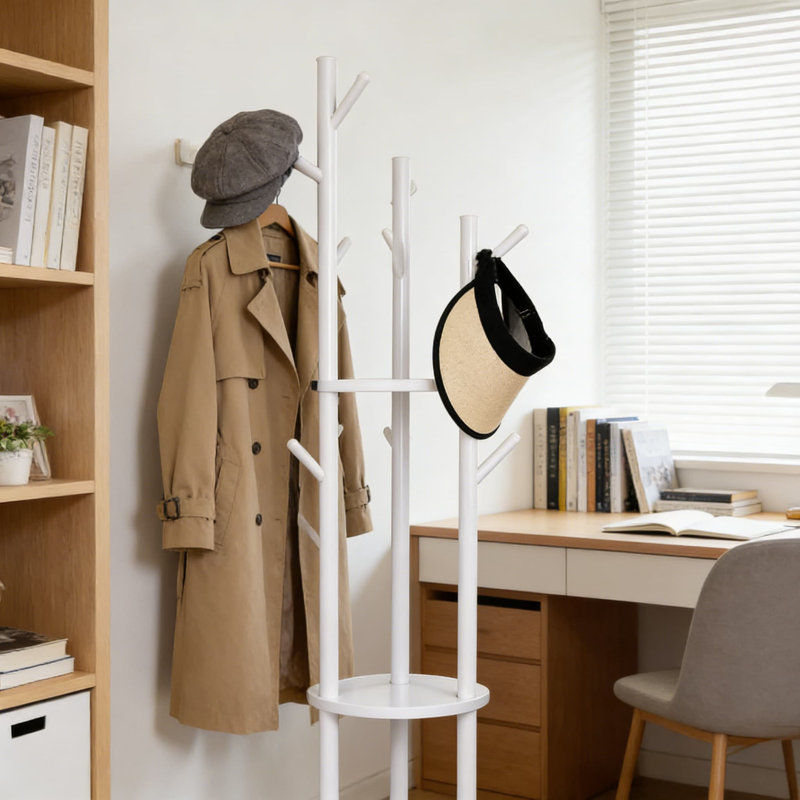 Portemanteau autoportant rotatif avec 3 tablettes et 9 crochets, organisateur de vestibule pour vestes, chapeaux, sacs et chaussures