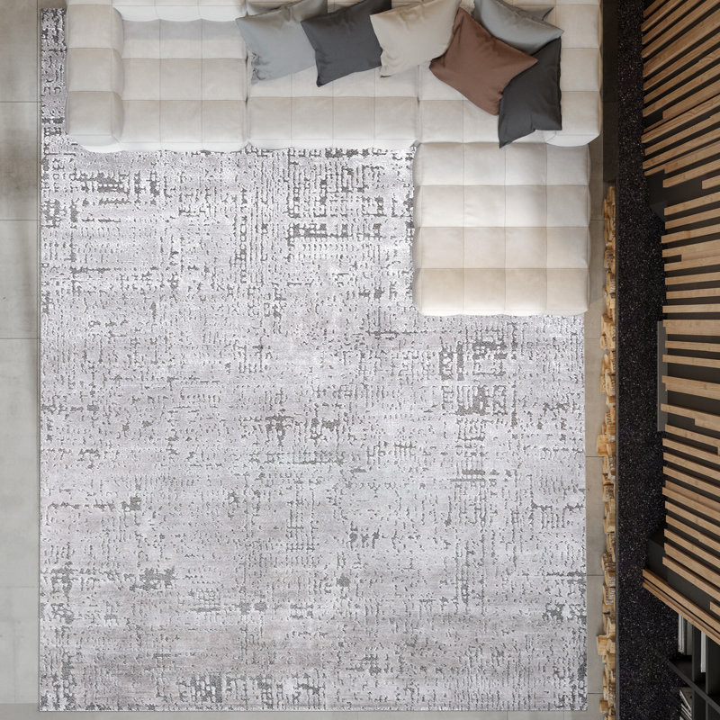 Wool Abstract Area Rug in Silver, Rectangle 9' x 12'