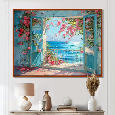 Vue sur l'océan de Beach House Blossoming Pink Roses - plage et océan, art mural