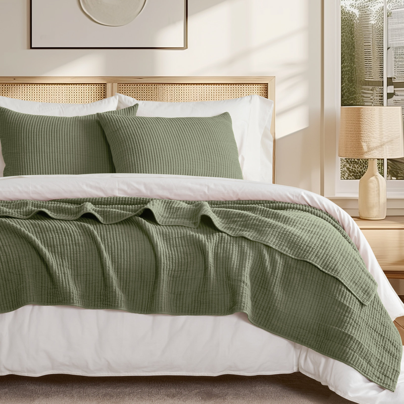 Ribbed Matelassé Cotton Coverlet Set, King Quilt + 2 King Shams, Olive Green