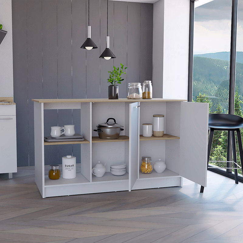 Kitchen Island, Four Open Shelves, Two Cabinets, White