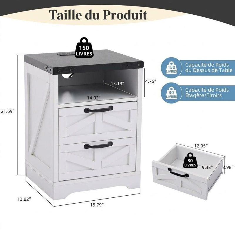 Table de chevet 2 tiroirs Modern Farmhouse, table de chevet industrielle avec station de charge USB, armoire latérale robuste en bois d'ingénierie pour la chambre à coucher