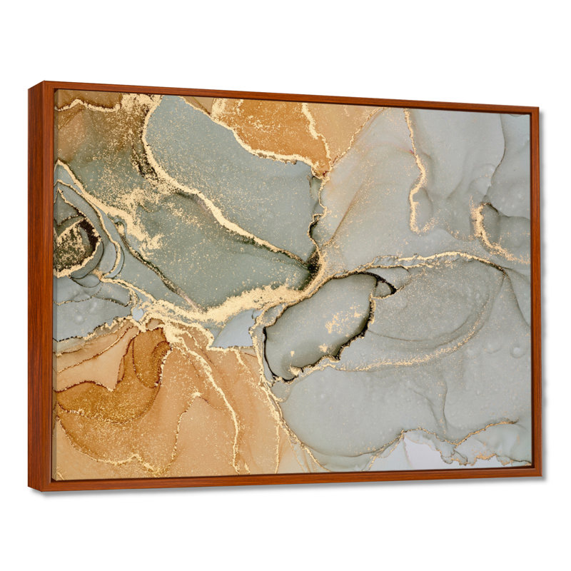«Brown Luxury Abstract Fluid IV», peinture sur toile, H 16 po x l 32 po, Reproduction avec cadre flottant, Brun