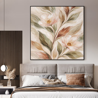 Extra Large Wall Art Fabric Print - Blush and Cream Botanical Bloom with Warm Green Foliage for Living Room - "Frame Assembly Required (Unfinished Frame)"