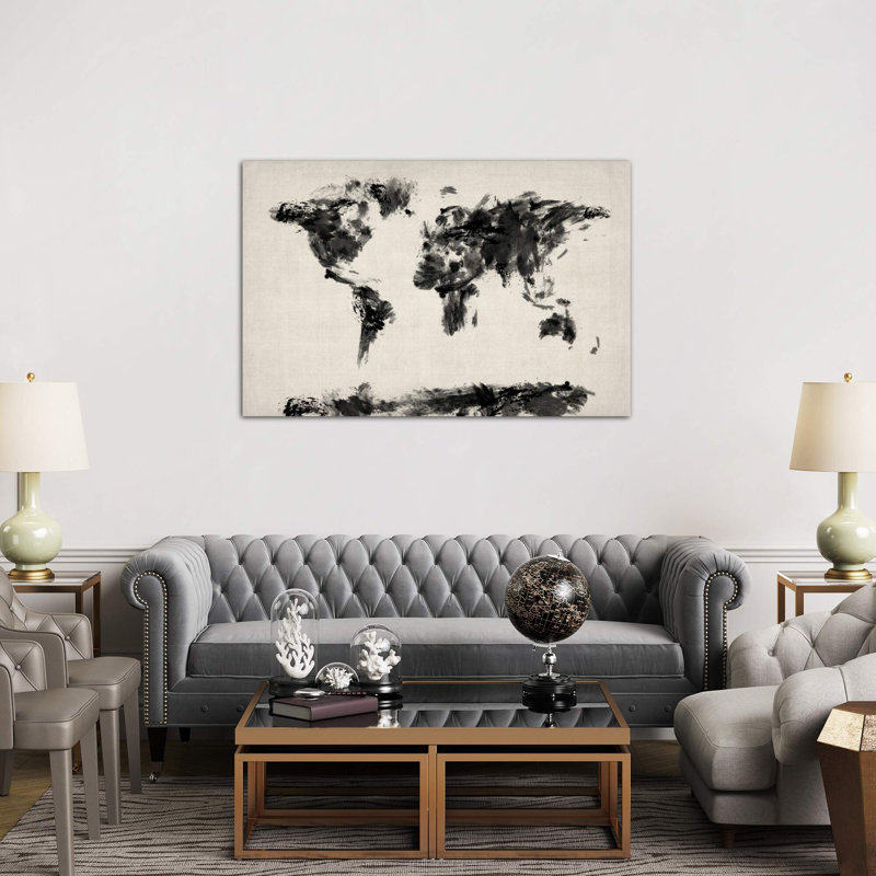 Map Of The World Paint Splashes (Black) by Michael Tompsett - Wrapped Canvas Painting, 101.6 cm H x 66.04 cm W x 3.175 cm D