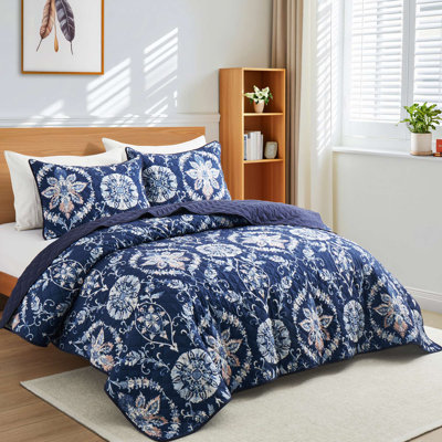 Modern Floral Geometric Quilt Set, 3-Piece Reversible Coverlet and Pillow Shams