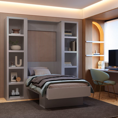 Lit escamotable Easy-Lift en grain de bois avec deux étagères