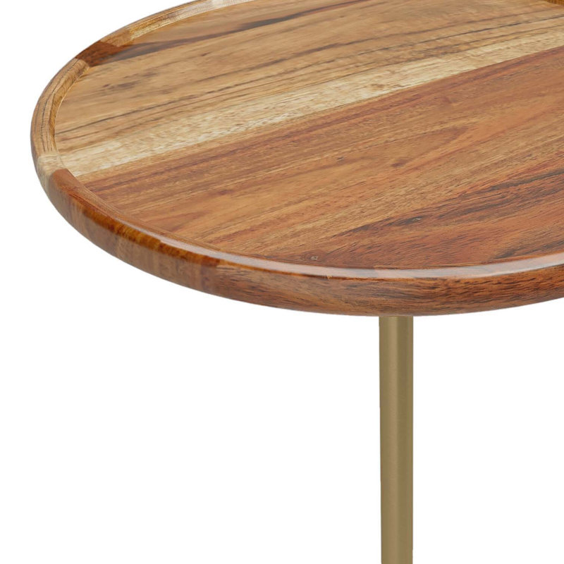 Becker 15"W Solid Acacia Wood Modern Round Side Table with Antique Brass Stem and Marble Base