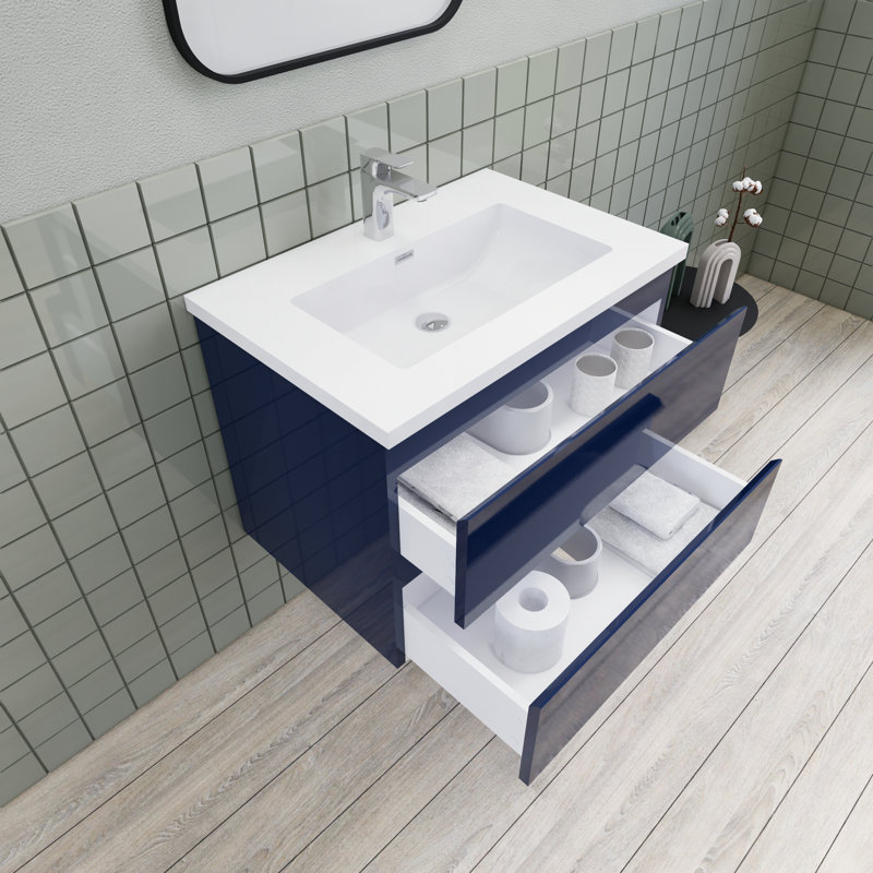 Meuble-lavabo flottant moderne simple Alcester Ivy Bronx, Bleu brillant