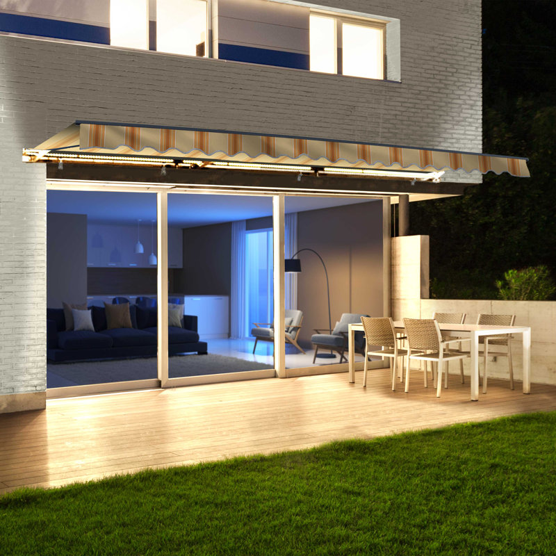 Semi-Cassette Patio Awning with LED Lights - Moroccan Collection , 12' W x 10' D, Multistripe Yellow