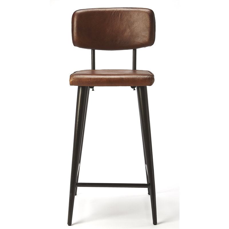 Tabouret de comptoir 26 po Bertita, Noir, Cuir véritable brun moyen