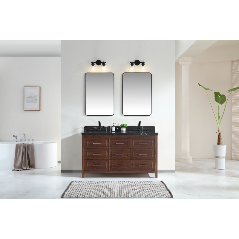 60" EBONY DOUBLE SINK VANITY DARK FINISH WITH WK-60D TOP 2" THICK WHITE NATURAL TOP, Brown, White