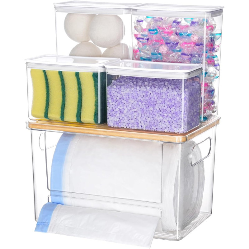Trash Bag Dispenser Dishwasher Pods Container, 5 In 1 Garbage Bags Holder Under Sink Organizer Acrylic Laundry Pod Detergent Powder Container, Kitchen Pantry Laundry Room Organization Storage