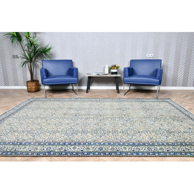Large Turkish Blue Rug With Elegant Floral Design Ideal For Living Room And Home Decor
