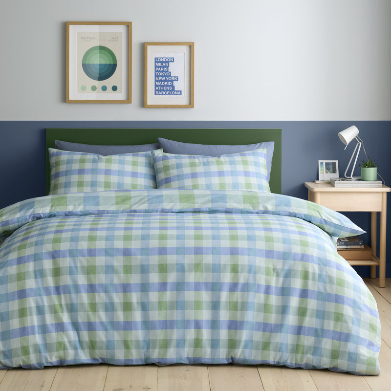 Block Check Cotton Blend Chequered Duvet Cover Set, Kingsize