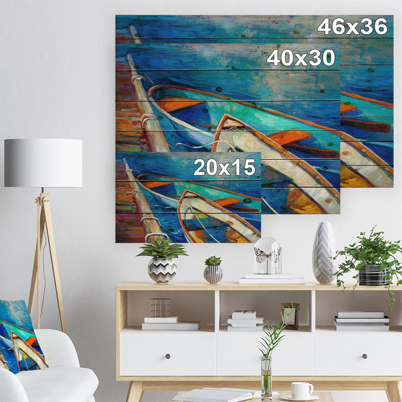 Bateaux et jetée dans l'ombre bleue - reproduction d'art, H 15 po x l 20 po x P 1 po, Bois
